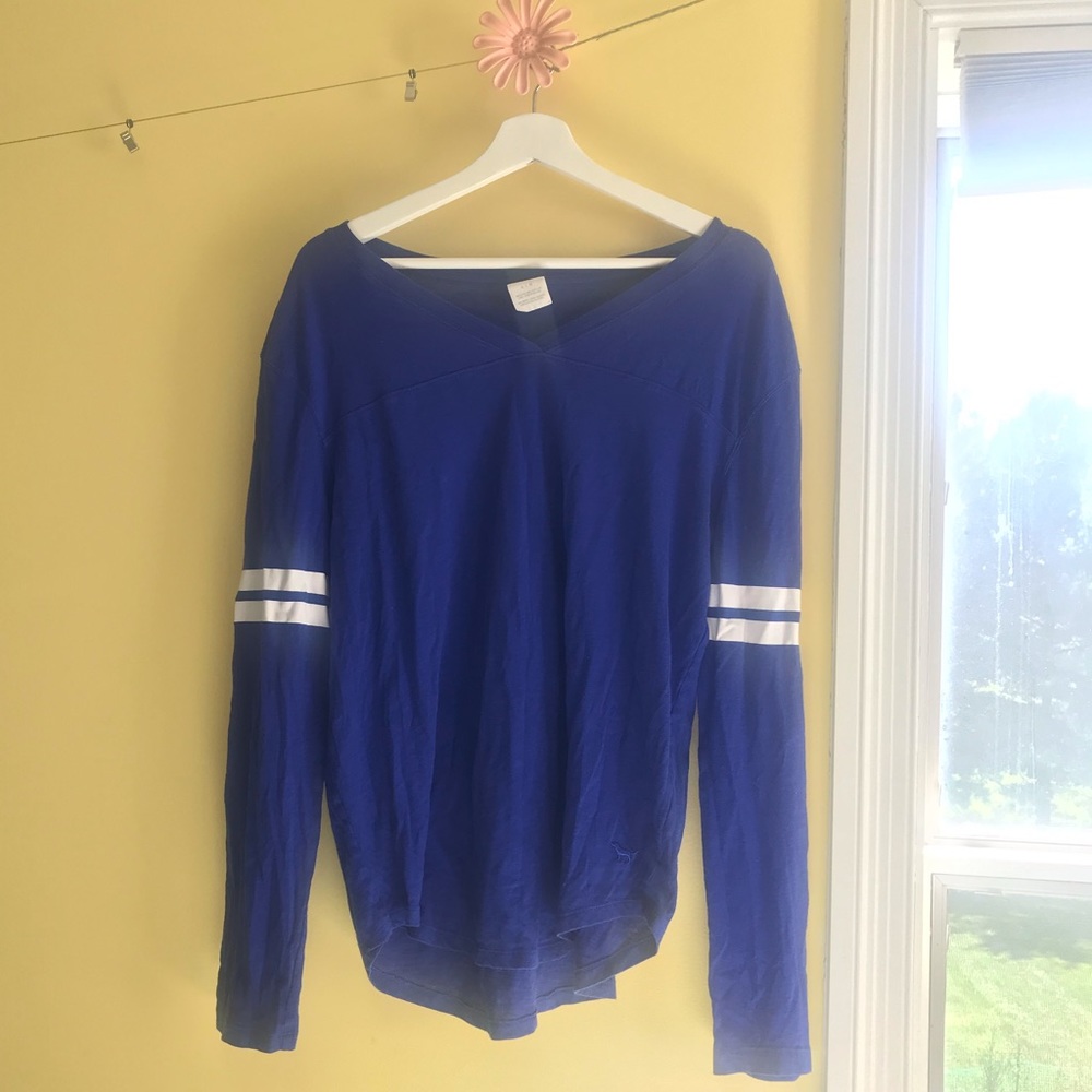 VS Pink Long Sleeve Double Stripe Campus Tee, Blue